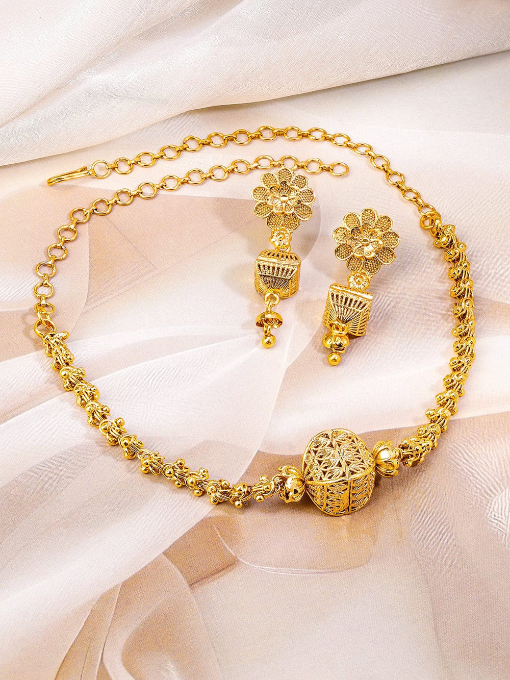 Rubans 18K Gold-Plated Floral Motif & Filigree Beaded Brass Necklace Set for Women Jewellery Set