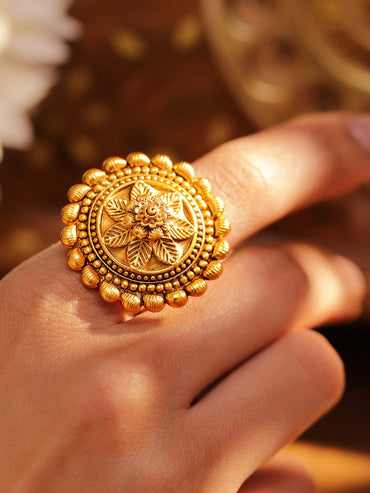 Rubans 18K Gold-Plated Floral Motif Textured Ethnic Statemen Adjustable Finger Ring Ring