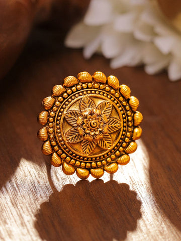 Rubans 18K Gold-Plated Floral Motif Textured Ethnic Statemen Adjustable Finger Ring Rings
