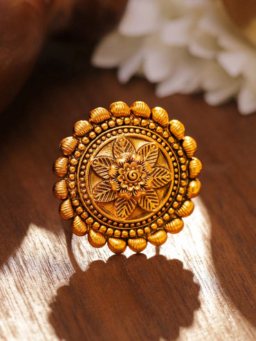 Rubans 18K Gold-Plated Floral Motif Textured Ethnic Statemen Adjustable Finger Ring Rings