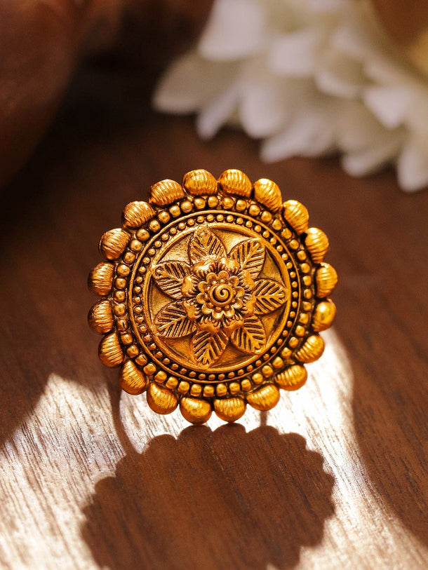 Rubans 18K Gold-Plated Floral Motif Textured Ethnic Statemen Adjustable Finger Ring Rings