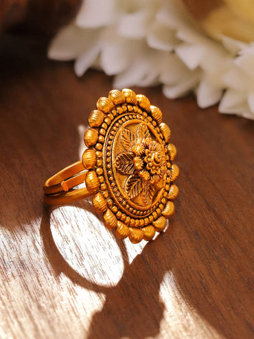 Rubans 18K Gold-Plated Floral Motif Textured Ethnic Statemen Adjustable Finger Ring Rings