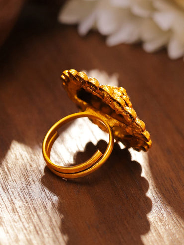 Rubans 18K Gold-Plated Floral Motif Textured Ethnic Statemen Adjustable Finger Ring Rings