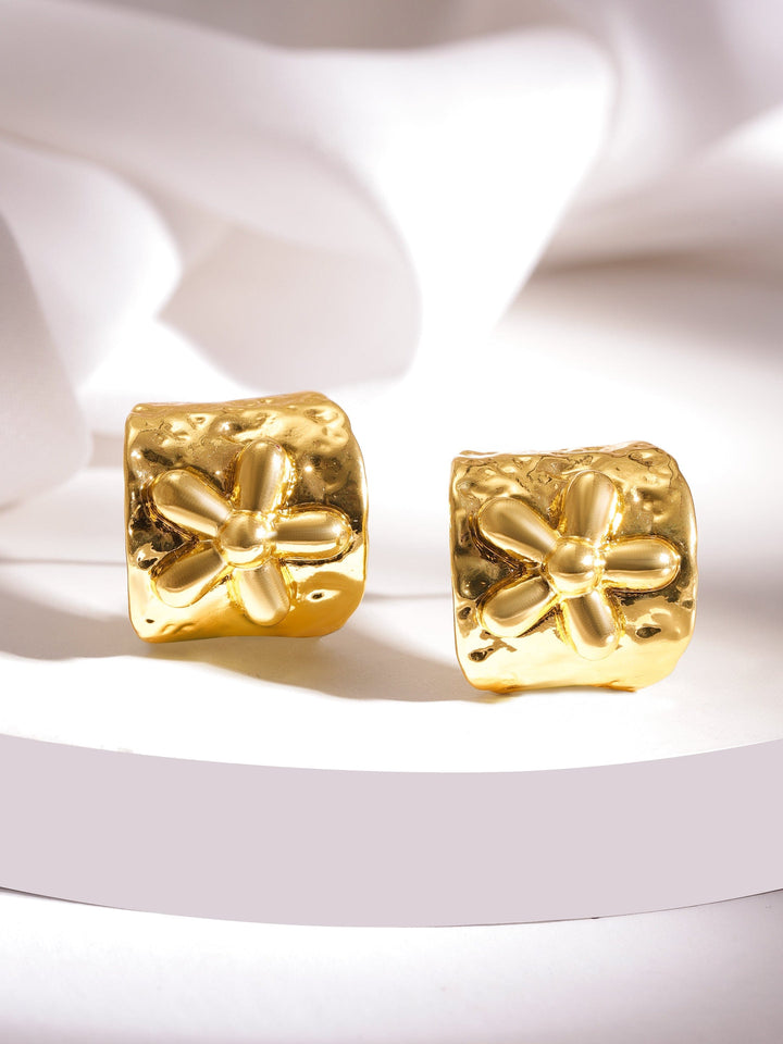 Rubans 18K Gold-Plated Floral Motif Textured Stainless Steel Studs Stud Earrings