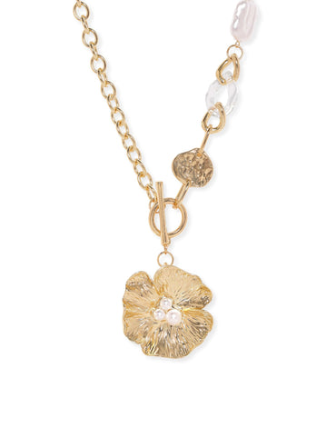 Rubans 18K Gold-Plated Floral Pendant Chain-Link Necklace with Pearl & Crystal Accents Necklace & Chains