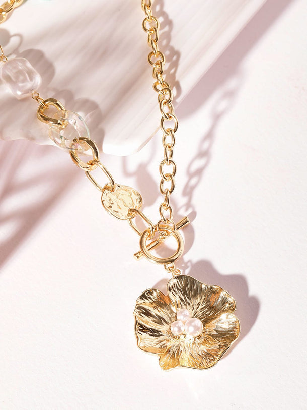 Rubans 18K Gold-Plated Floral Pendant Chain-Link Necklace with Pearl & Crystal Accents Necklace & Chains