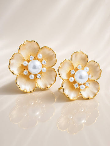 Rubans 18K Gold-Plated Floral Stud Earrings with Golden Beige Enamel, Pearls & Zirconia Stud Earrings