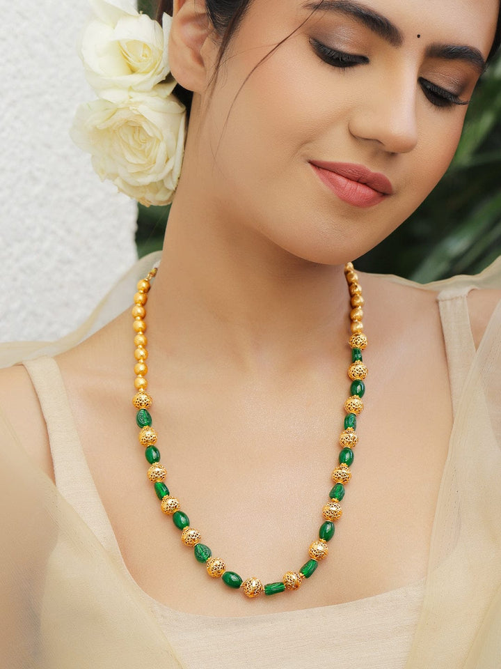 Rubans 18K Gold-Plated Glossy Green & Golden Filigree Beaded Long Necklace Jewellery Set