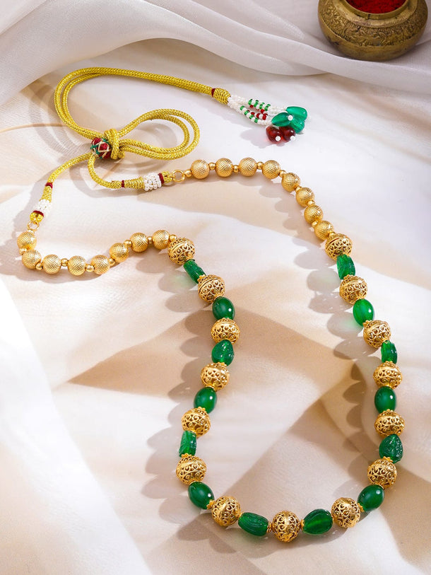 Rubans 18K Gold-Plated Glossy Green & Golden Filigree Beaded Long Necklace Jewellery Set