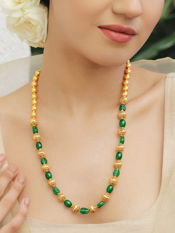 Rubans 18K Gold-Plated Glossy Green & Golden Filigree Beaded Long Necklace Jewellery Set