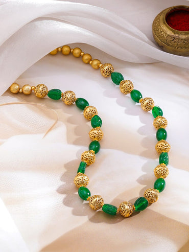 Rubans 18K Gold-Plated Glossy Green & Golden Filigree Beaded Long Necklace Jewellery Set