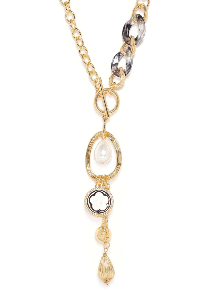 Rubans 18K Gold Plated Gold-Toned & Black Copper Link Necklace with Pearls & Charms Necklaces, Chains & necklace