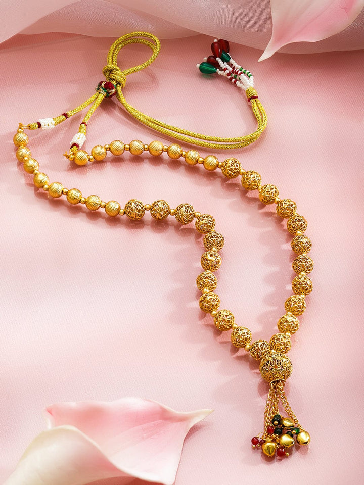 Rubans 18K Gold-Plated Golden Beaded Filigree Necklace with Red & Green Bead Tassel Jewellery Set