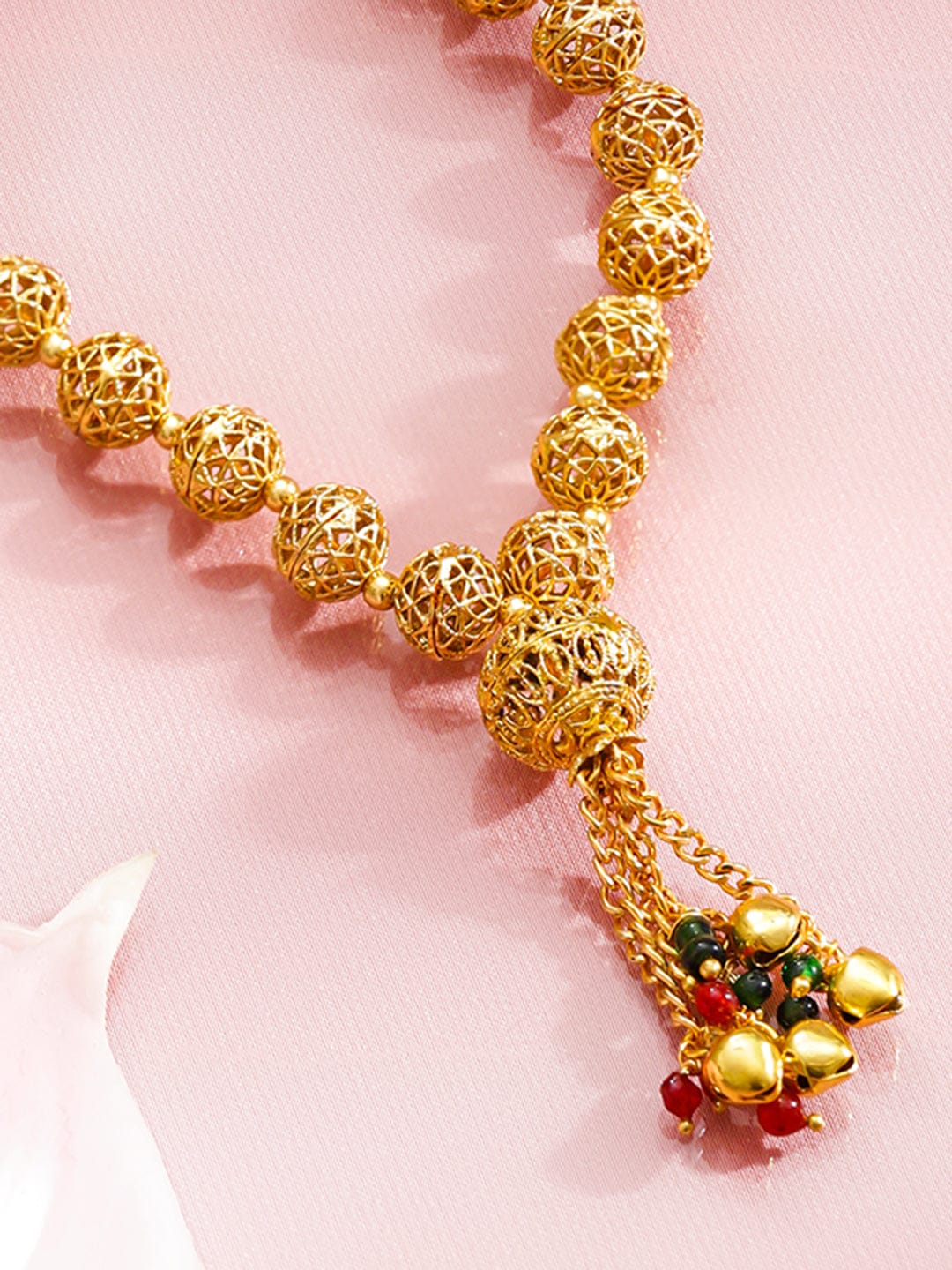 Rubans 18K Gold-Plated Golden Beaded Filigree Necklace with Red & Green Bead Tassel Jewellery Set