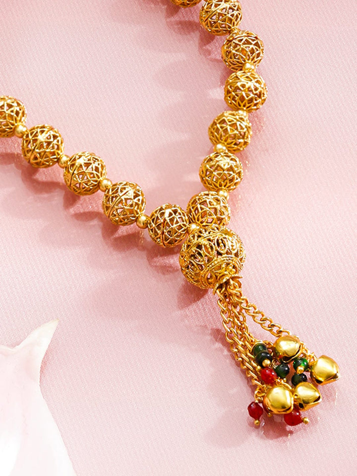Rubans 18K Gold-Plated Golden Beaded Filigree Necklace with Red & Green Bead Tassel Jewellery Set