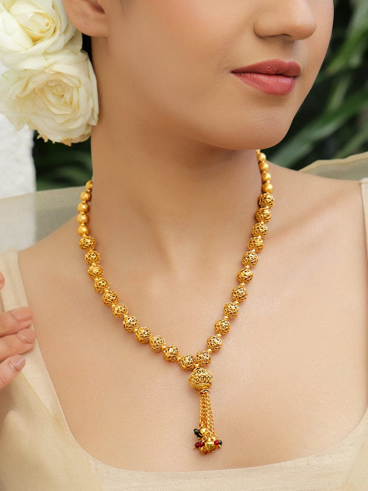 Rubans 18K Gold-Plated Golden Beaded Filigree Necklace with Red & Green Bead Tassel Jewellery Set