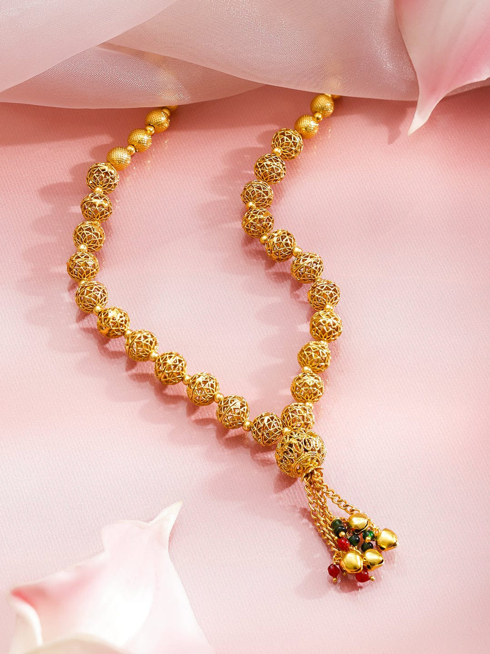 Rubans 18K Gold-Plated Golden Beaded Filigree Necklace with Red & Green Bead Tassel Necklace & Chains