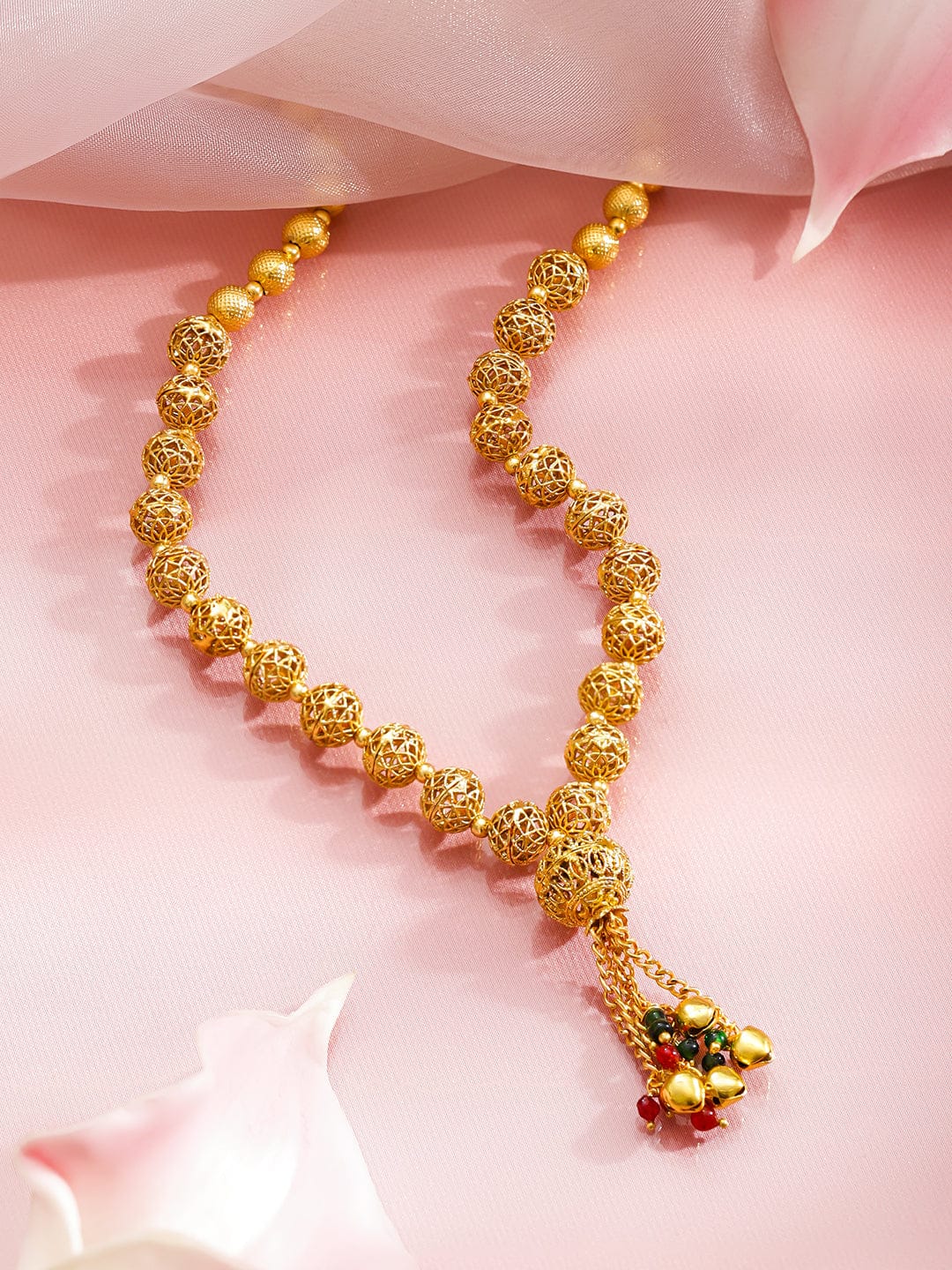 Rubans 18K Gold-Plated Golden Beaded Filigree Necklace with Red & Green Bead Tassel Necklace & Chains