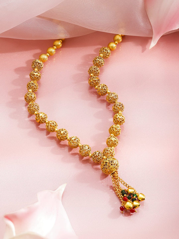 Rubans 18K Gold-Plated Golden Beaded Filigree Necklace with Red & Green Bead Tassel Necklace & Chains