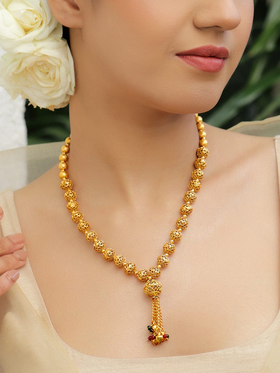 Rubans 18K Gold-Plated Golden Beaded Filigree Necklace with Red & Green Bead Tassel Necklaces, Necklace Sets, Chains & Mangalsutra
