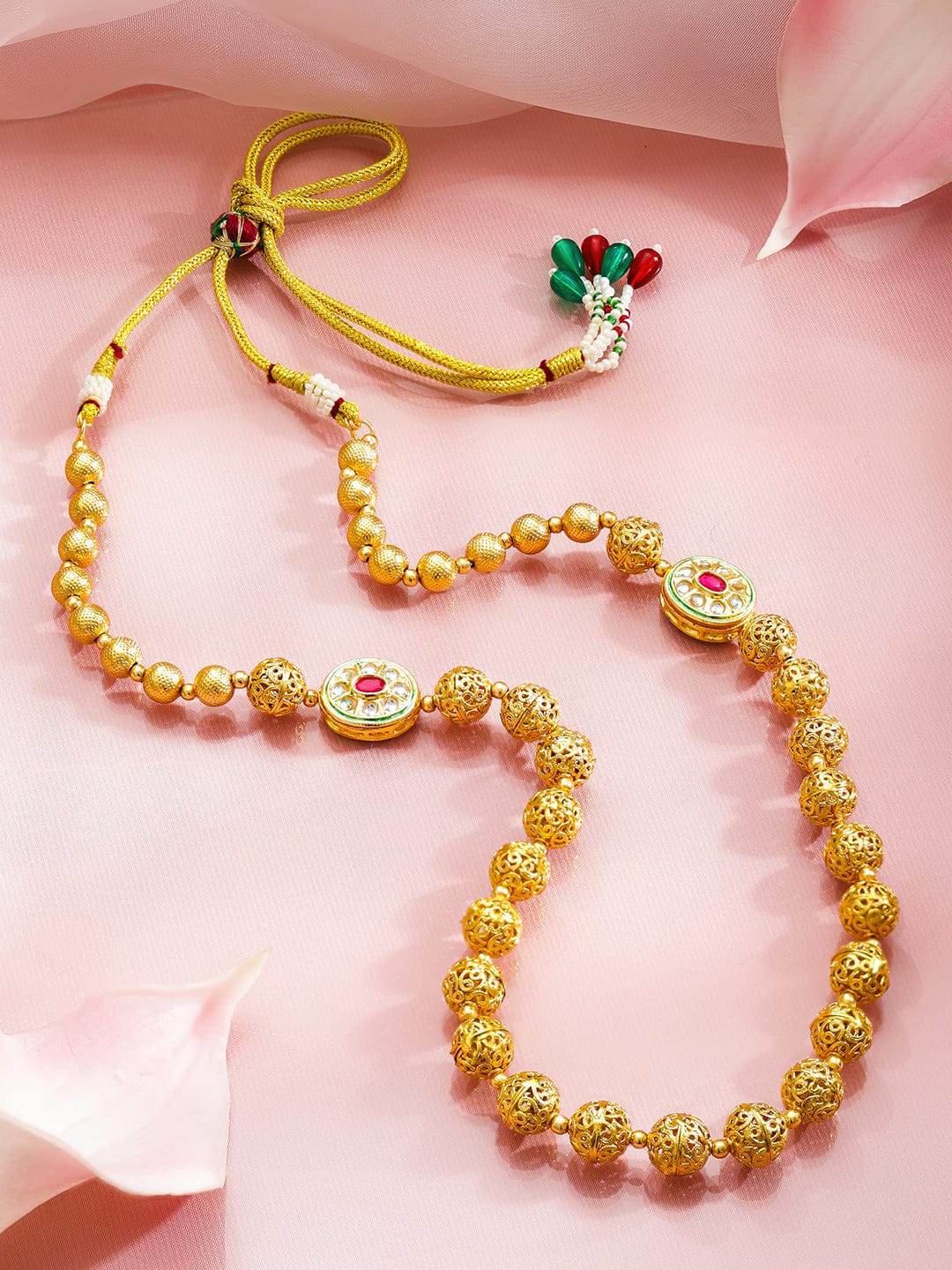 Rubans 18K Gold-Plated Golden Beaded Long Necklace with Ruby Red & White Kundan Jewellery Set