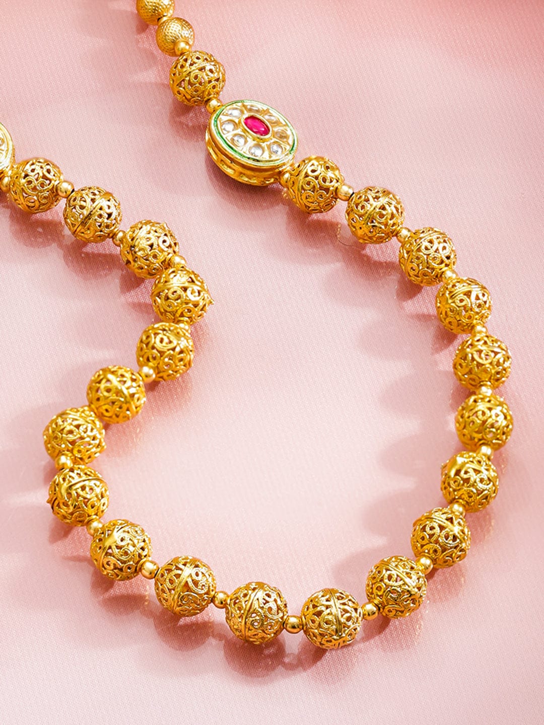 Rubans 18K Gold-Plated Golden Beaded Long Necklace with Ruby Red & White Kundan Jewellery Set