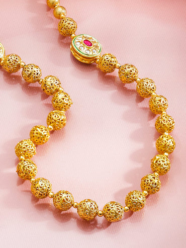 Rubans 18K Gold-Plated Golden Beaded Long Necklace with Ruby Red & White Kundan Jewellery Set