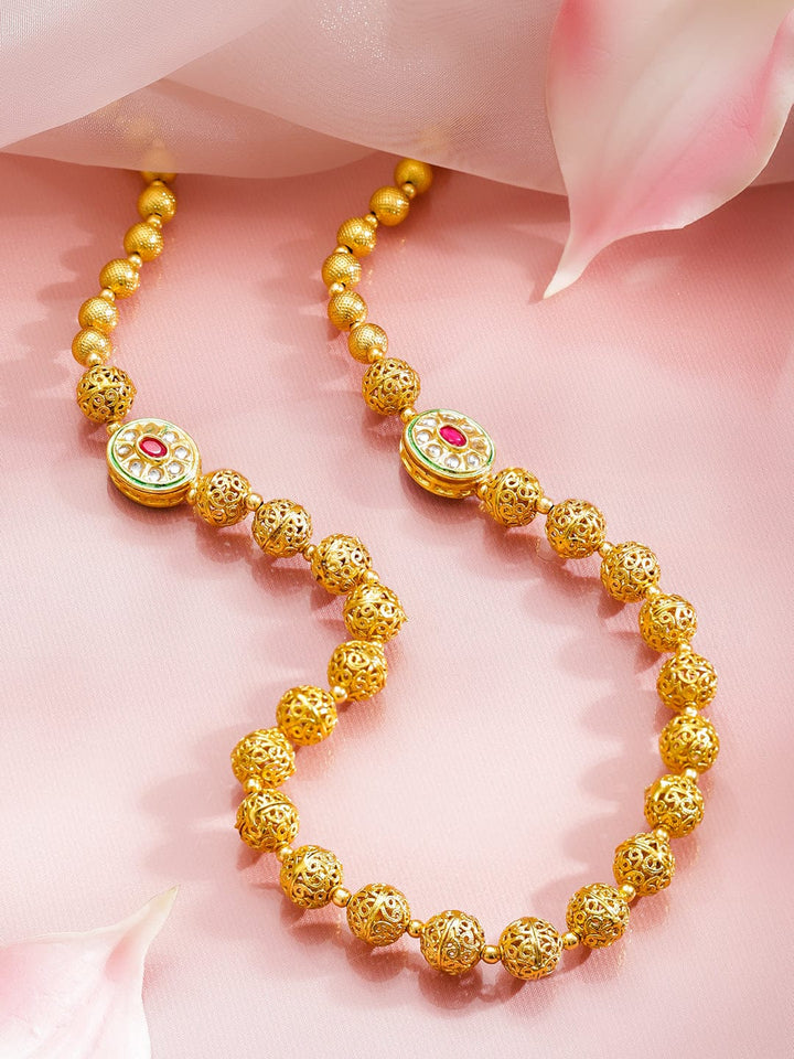 Rubans 18K Gold-Plated Golden Beaded Long Necklace with Ruby Red & White Kundan Jewellery Set