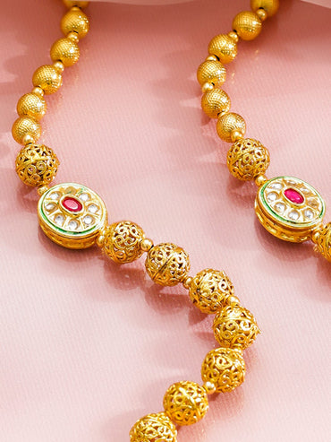 Rubans 18K Gold-Plated Golden Beaded Long Necklace with Ruby Red & White Kundan Necklace & Chains
