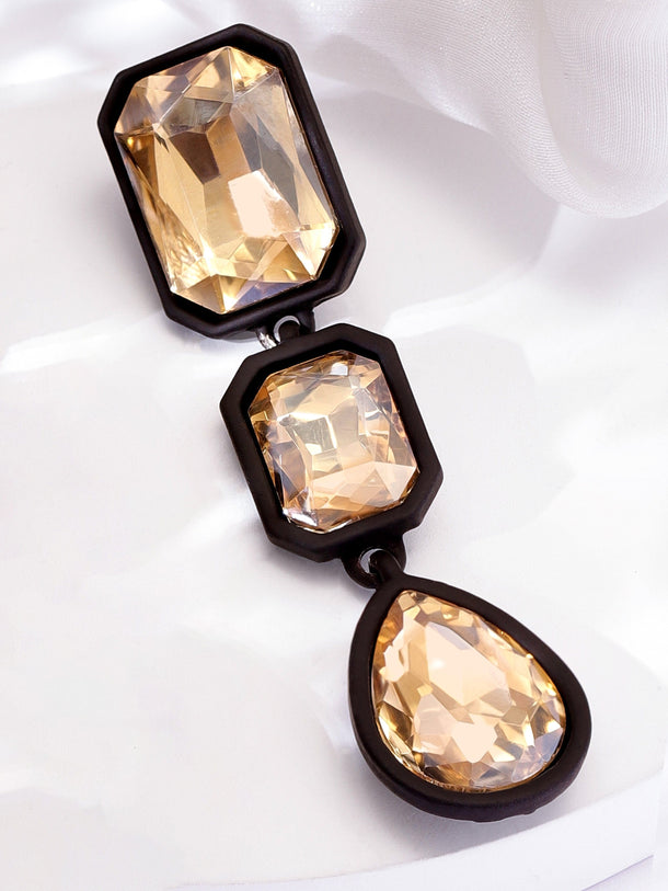 Rubans 18K Gold-Plated Goldish Crystal AD Studded Drop Earrings with Black Frame Earrings
