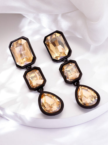 Rubans 18K Gold-Plated Goldish Crystal AD Studded Drop Earrings with Black Frame Earrings