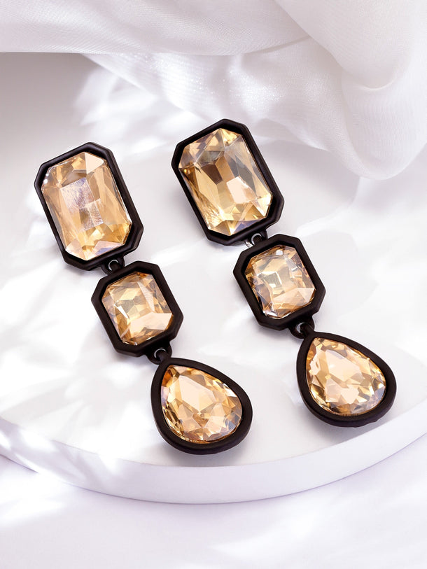 Rubans 18K Gold-Plated Goldish Crystal AD Studded Drop Earrings with Black Frame Earrings