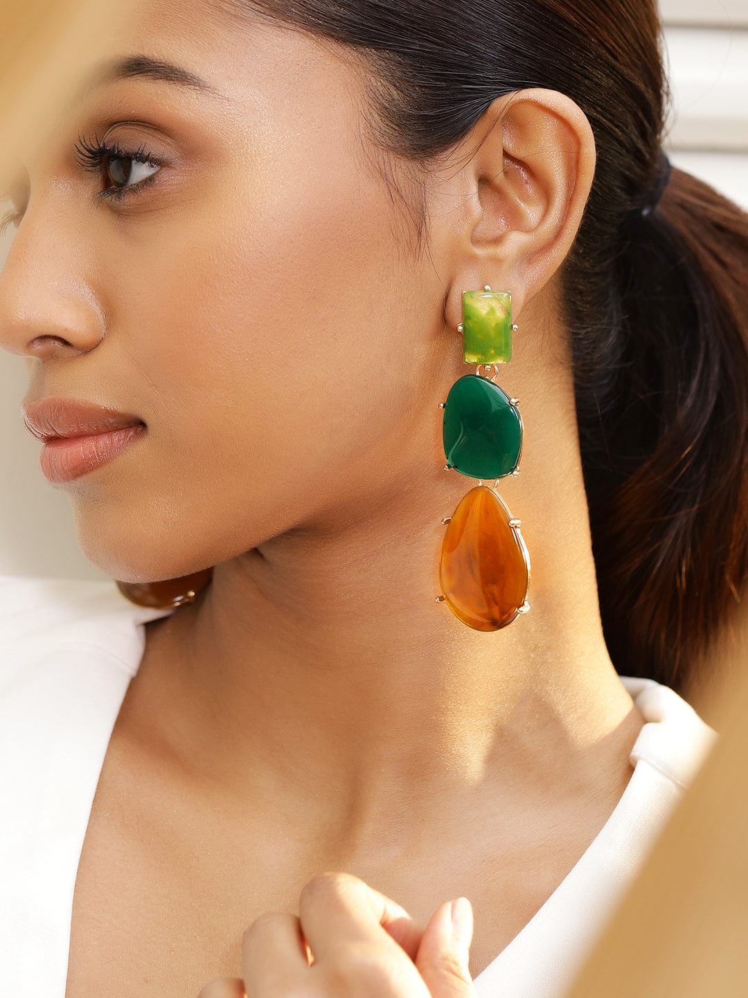 Rubans 18K Gold-Plated Green & Amber Beaded Stylish Drop Earrings Earrings