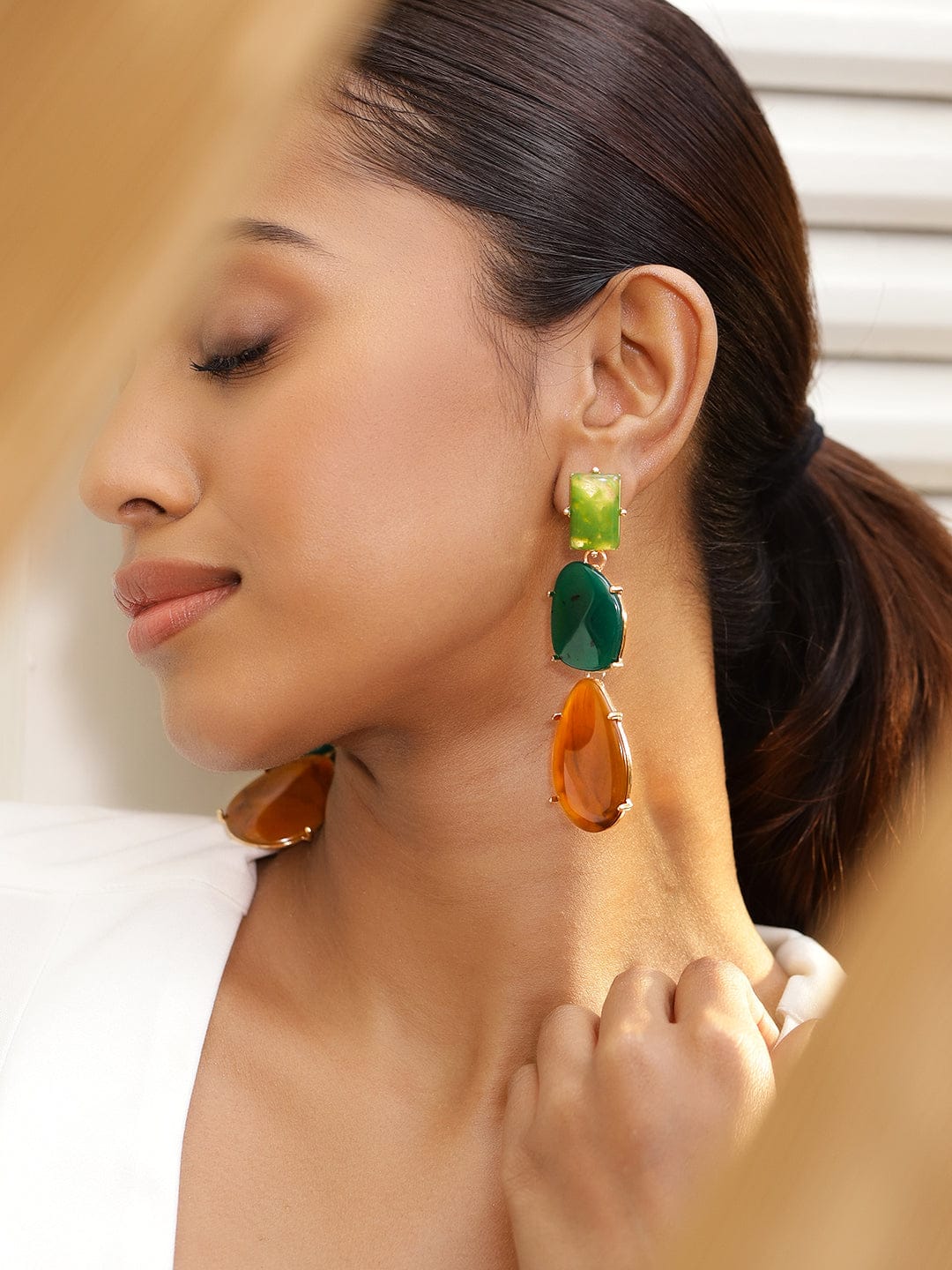 Rubans 18K Gold-Plated Green & Amber Beaded Stylish Drop Earrings Earrings