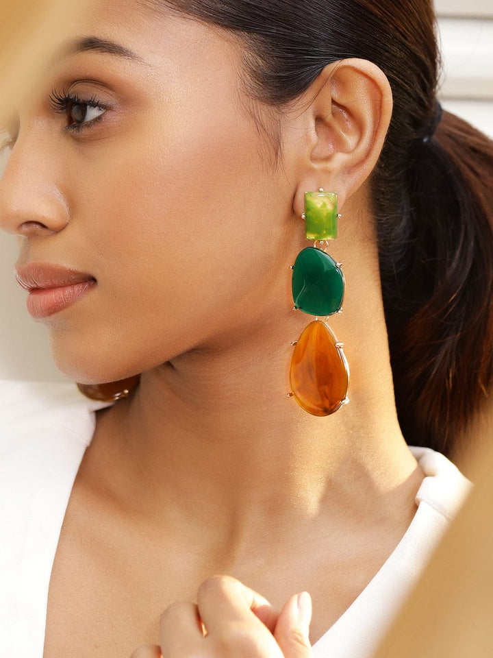 Rubans 18K Gold-Plated Green & Amber Beaded Stylish Drop Earrings Earrings