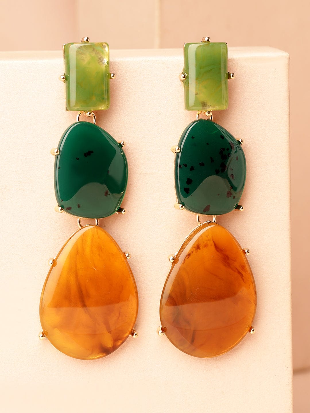 Rubans 18K Gold-Plated Green & Amber Beaded Stylish Drop Earrings Earrings