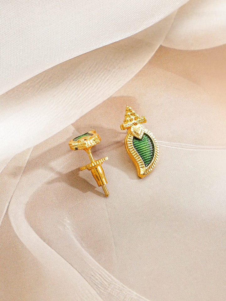 Rubans 18K Gold-Plated Green Enamel Leaf Pendant Necklace Set with Pink & White Stone Floral Accents for Women Jewellery Set