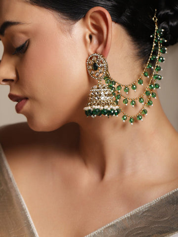 Rubans 18K Gold-Plated Green Kundan & Zirconia Kan Chain Jhumka Earrings with Green Pearl Beads Jhumka Earrings