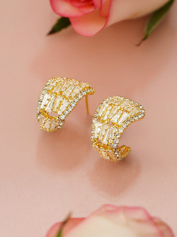 Rubans 18K Gold-Plated Half Hoop Earrings with Baguette & Round Cubic Zirconia Studs Earrings