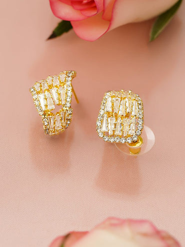 Rubans 18K Gold-Plated Half Hoop Earrings with Baguette & Round Cubic Zirconia Studs Earrings