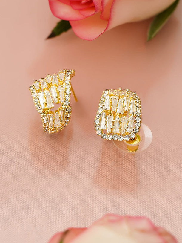 Rubans 18K Gold-Plated Half Hoop Earrings with Baguette & Round Cubic Zirconia Studs Earrings
