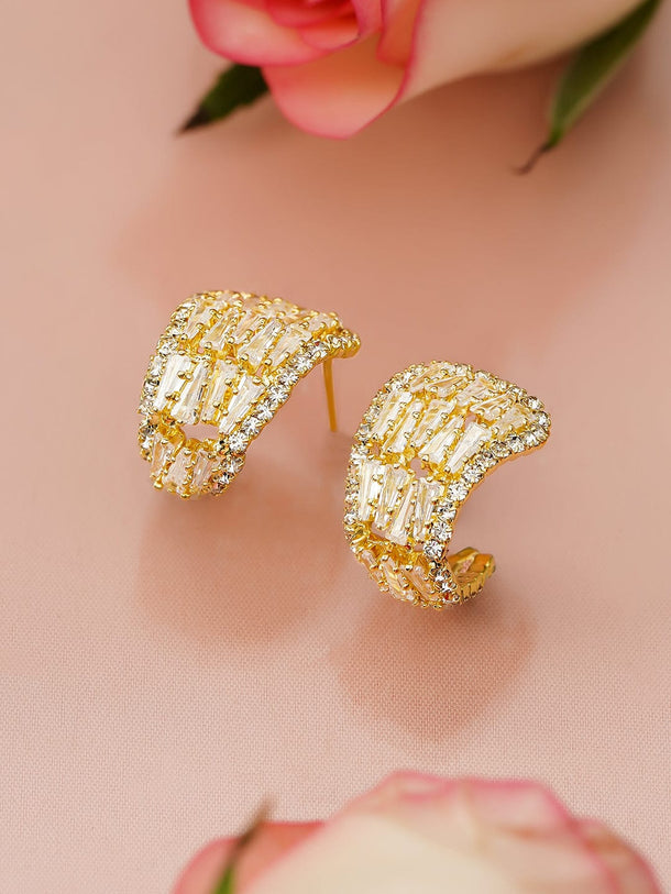 Rubans 18K Gold-Plated Half Hoop Earrings with Baguette & Round Cubic Zirconia Studs Earrings