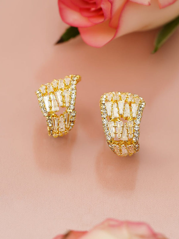 Rubans 18K Gold-Plated Half Hoop Earrings with Baguette & Round Cubic Zirconia Studs Earrings