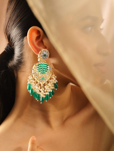 Rubans 18K Gold Plated Handcrafted Kundan & Emerald Green Beaded Chandelier Chandbali Earrings