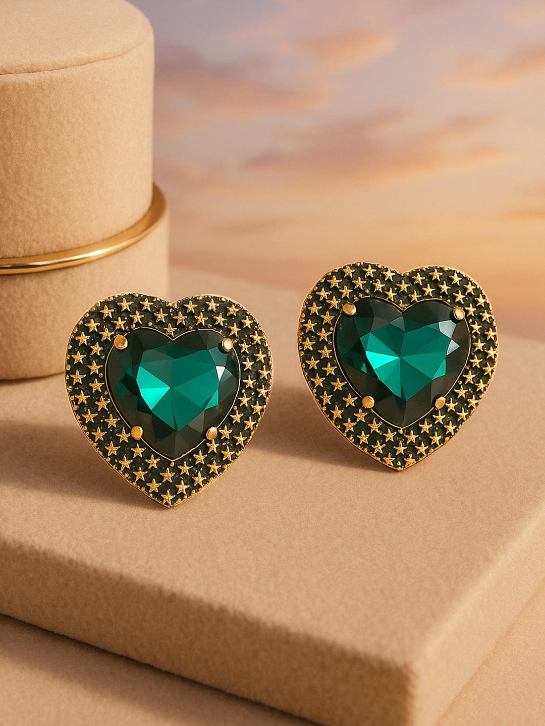 Rubans 18k Gold-Plated Heart-Shaped Green Crystal Stud Earrings with B