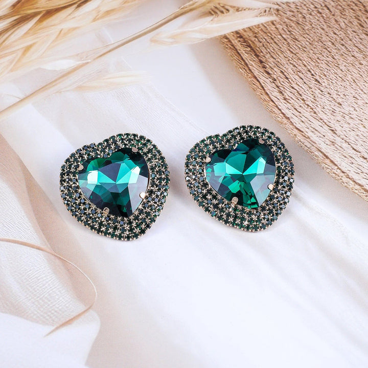 Rubans 18k Gold-Plated Heart-Shaped Green Crystal Stud Earrings with Black Stone Border Earrings