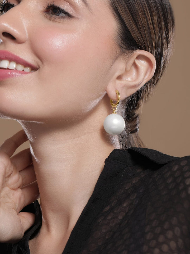 Rubans 18K Gold Plated Hoop Earrings with Large White Pearl Drops Earrings