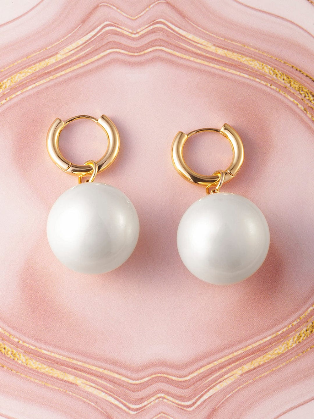 Rubans 18K Gold Plated Hoop Earrings with Large White Pearl Drops Earrings