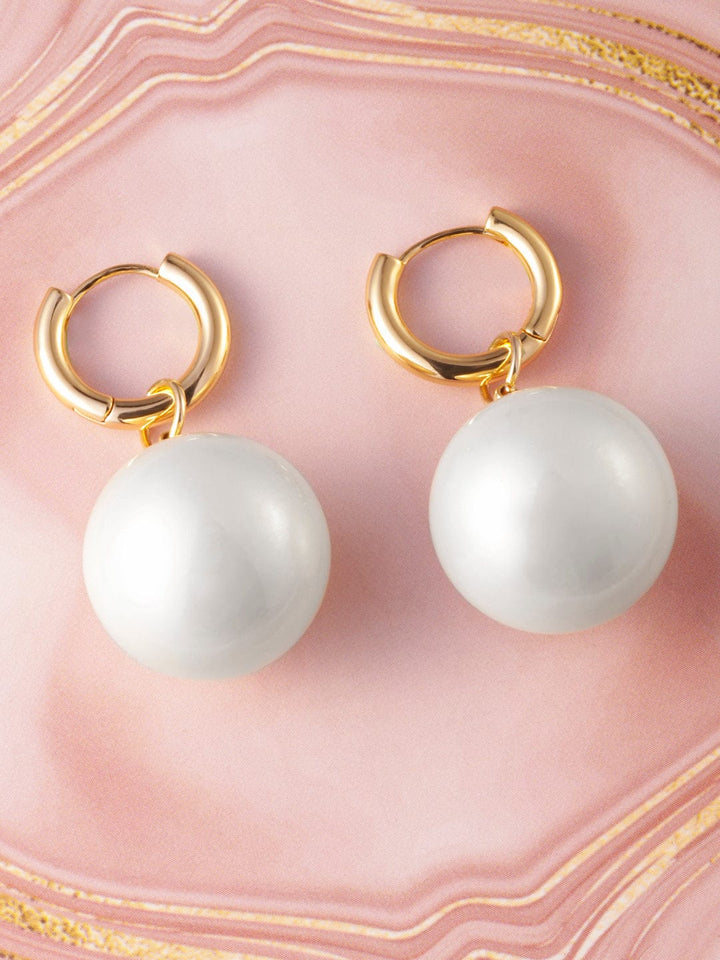 Rubans 18K Gold Plated Hoop Earrings with Large White Pearl Drops Earrings