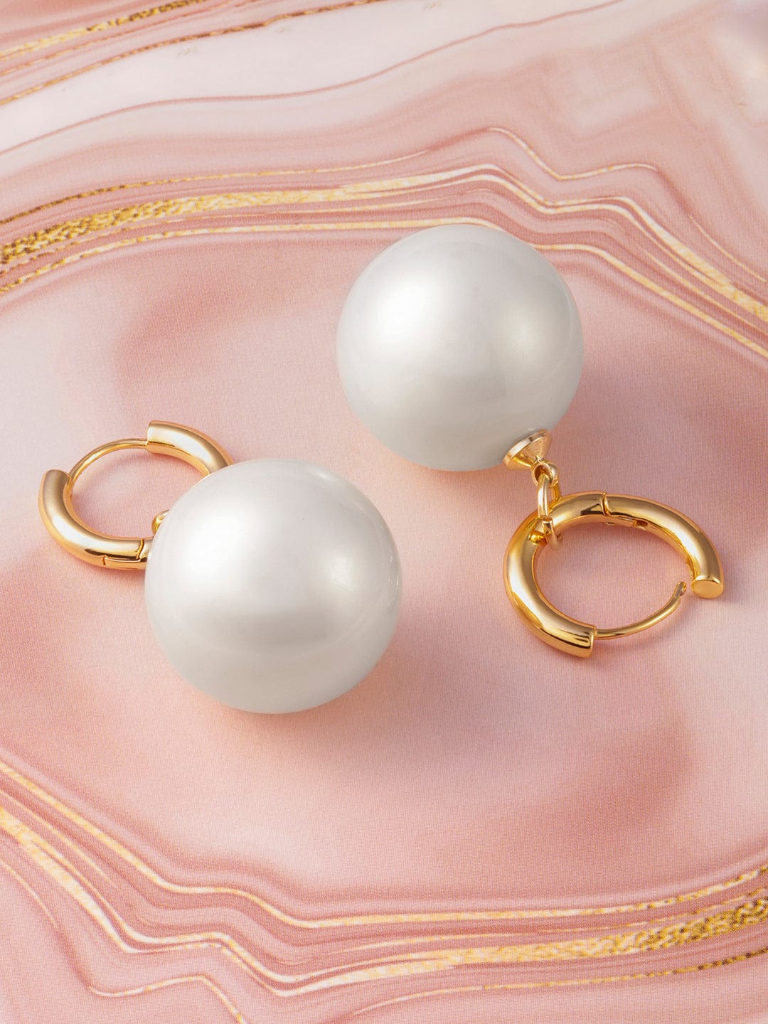 Rubans 18K Gold Plated Hoop Earrings with Large White Pearl Drops Earrings